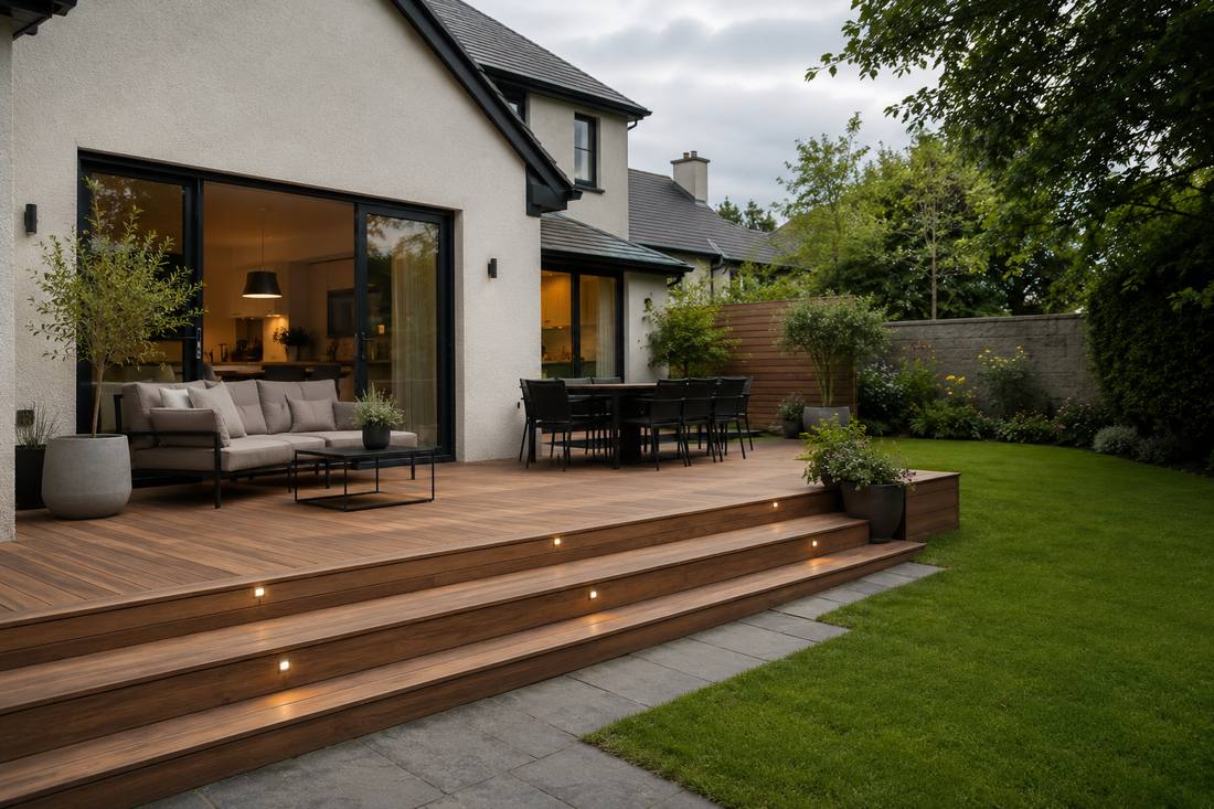 Finished garden deck with wide steps, integrated lighting and seating